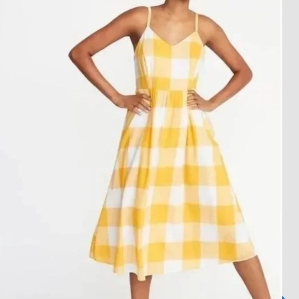 Old Navy White Yellow Plaid Cami Sundress Adjustable Straps Sweetheart Neck M